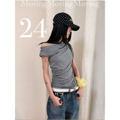 MovingMovingMoving 斜肩叠褶短袖T恤打底上衣