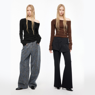 MovingMovingMoving 不对称斜肩抓绒长袖打底衫上衣女春装