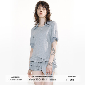 MovingMovingMoving 灰色百搭撞色针织拼接高智风不规则polo上衣