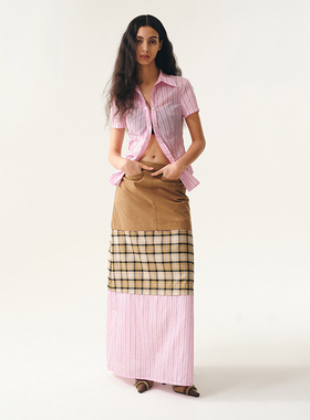 MovingMovingMoving 小众撞色格纹拼接半身裙女春装直筒落地长裙