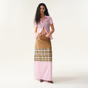 MovingMovingMoving 小众撞色格纹拼接半身裙女春装直筒落地长裙