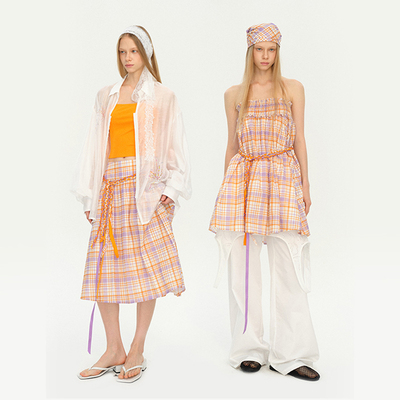 撞色格纹松紧两穿半裙抹胸裙女