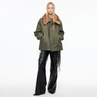 MovingMovingMoving 水洗军绿色可拆卸毛领棉服女冬宽松棉衣外套