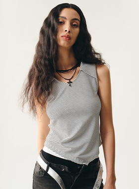 MovingMovingMoving 度假风条纹衬衫领背心女春秋季无袖上衣