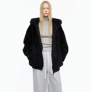 MovingMovingMoving 黑色颗粒加厚宽松摇粒绒外套女冬季连帽大衣