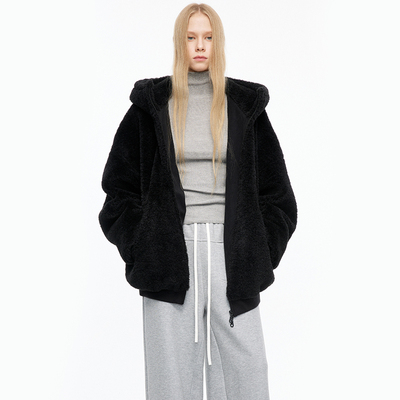 MovingMovingMoving 黑色颗粒加厚宽松摇粒绒外套女冬季连帽大衣