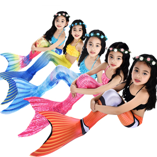 儿童美人鱼泳衣女童美人鱼尾巴女孩美人鱼服装 游泳衣三件套装 脚蹼