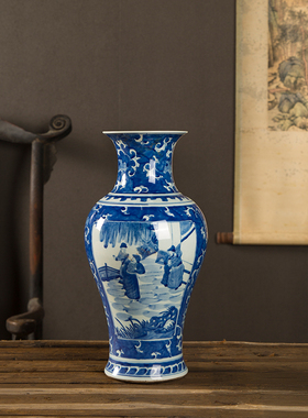 景德镇青花人物摆件古玩古董