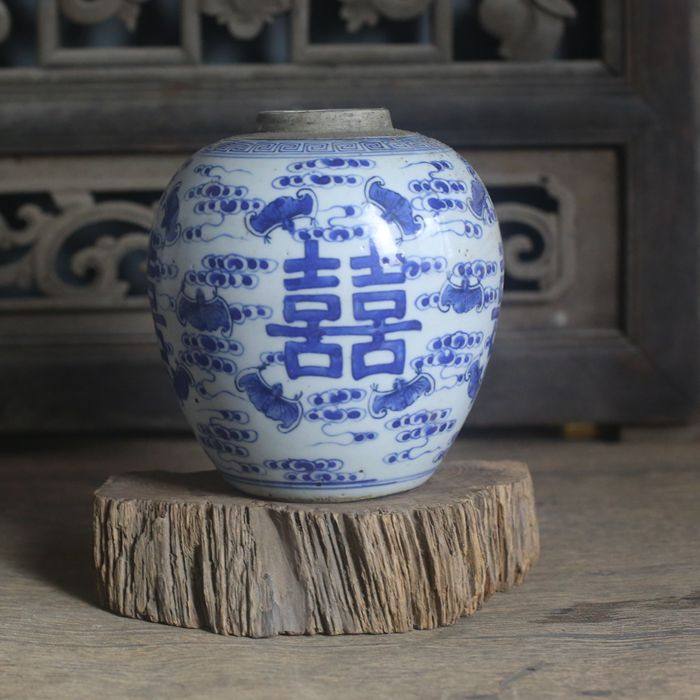 景德镇仿古瓷器 手工手绘青花喜子纹罐子古玩古董包老收藏品摆件