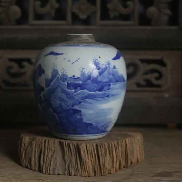 景德镇仿古瓷器 手工手绘青花山水纹罐子 古玩古董包老收藏品摆件