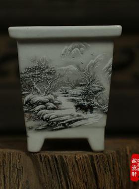 陶瓷雪景四足菖蒲小花盆古董古玩