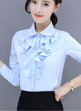 春新款白雪纺衬衫女长袖工作服荷叶花边职业女衬衣修身韩版长袖OL
