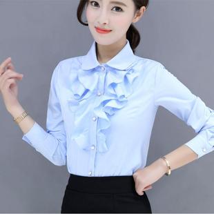 春新款白雪纺衬衫女长袖工作服荷叶花边职业女衬衣修身韩版长袖OL