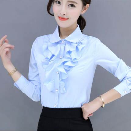 春新款白雪纺衬衫女长袖工作服荷叶花边职业女衬衣修身韩版长袖OL