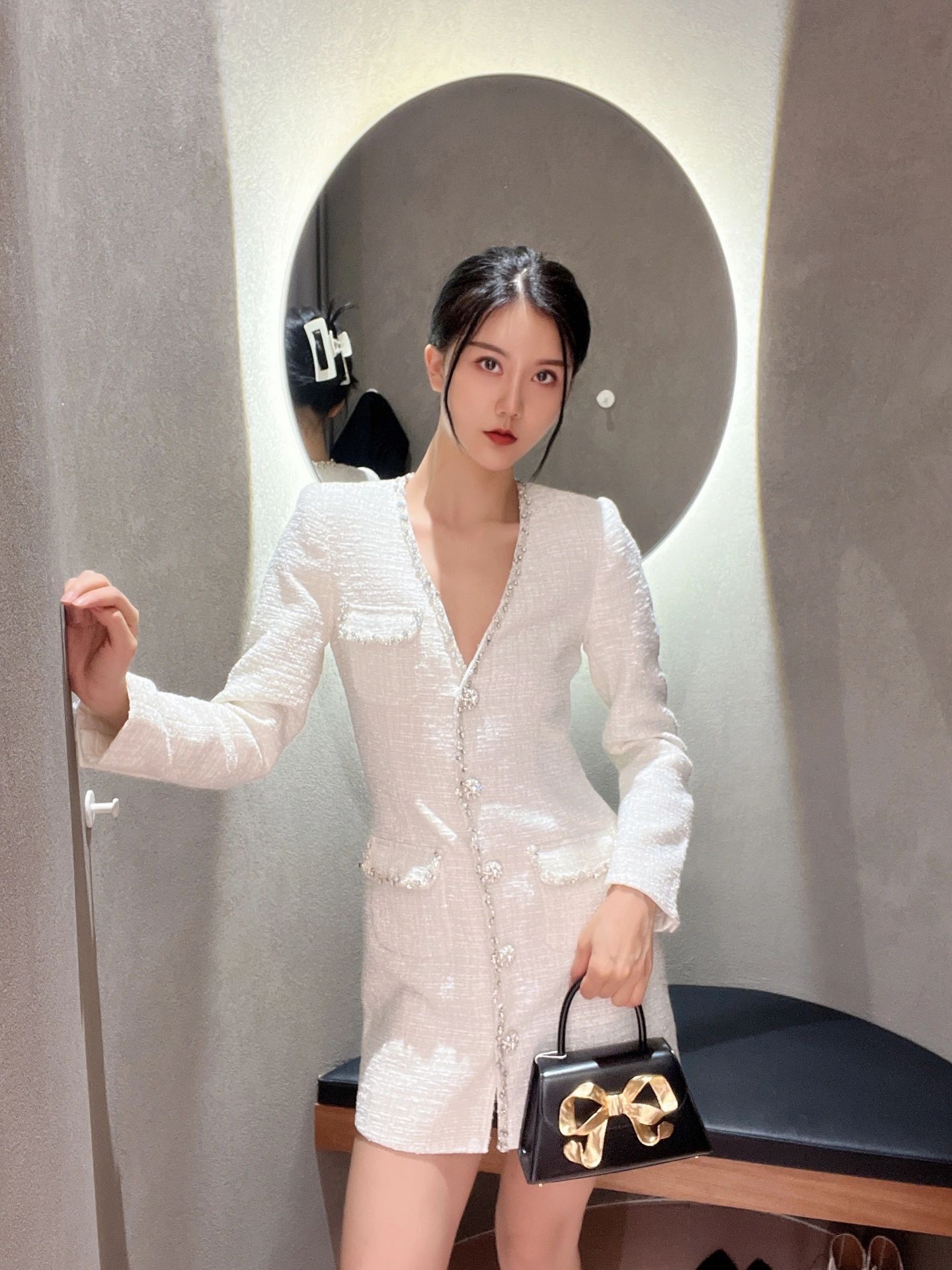 代购Self Portrait 2022年春季新款女装长袖v领裙子跨年衣服