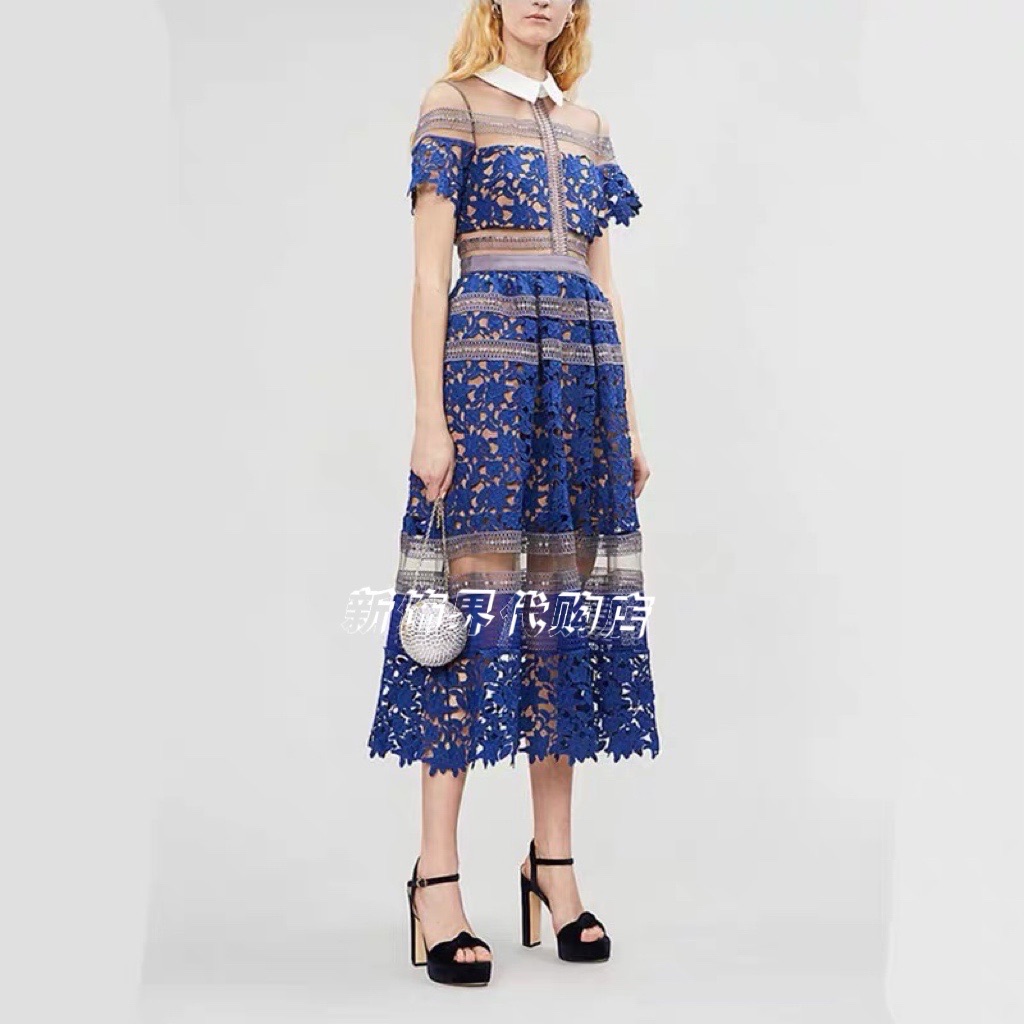 代购Selfportrait 宝石蓝莉莉安娜衬衫领蕾丝拼接短袖连衣裙