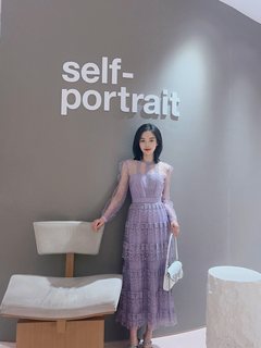 正品代购self-portrait 23春夏丁香紫蕾丝甜美优雅叠层连衣裙长裙