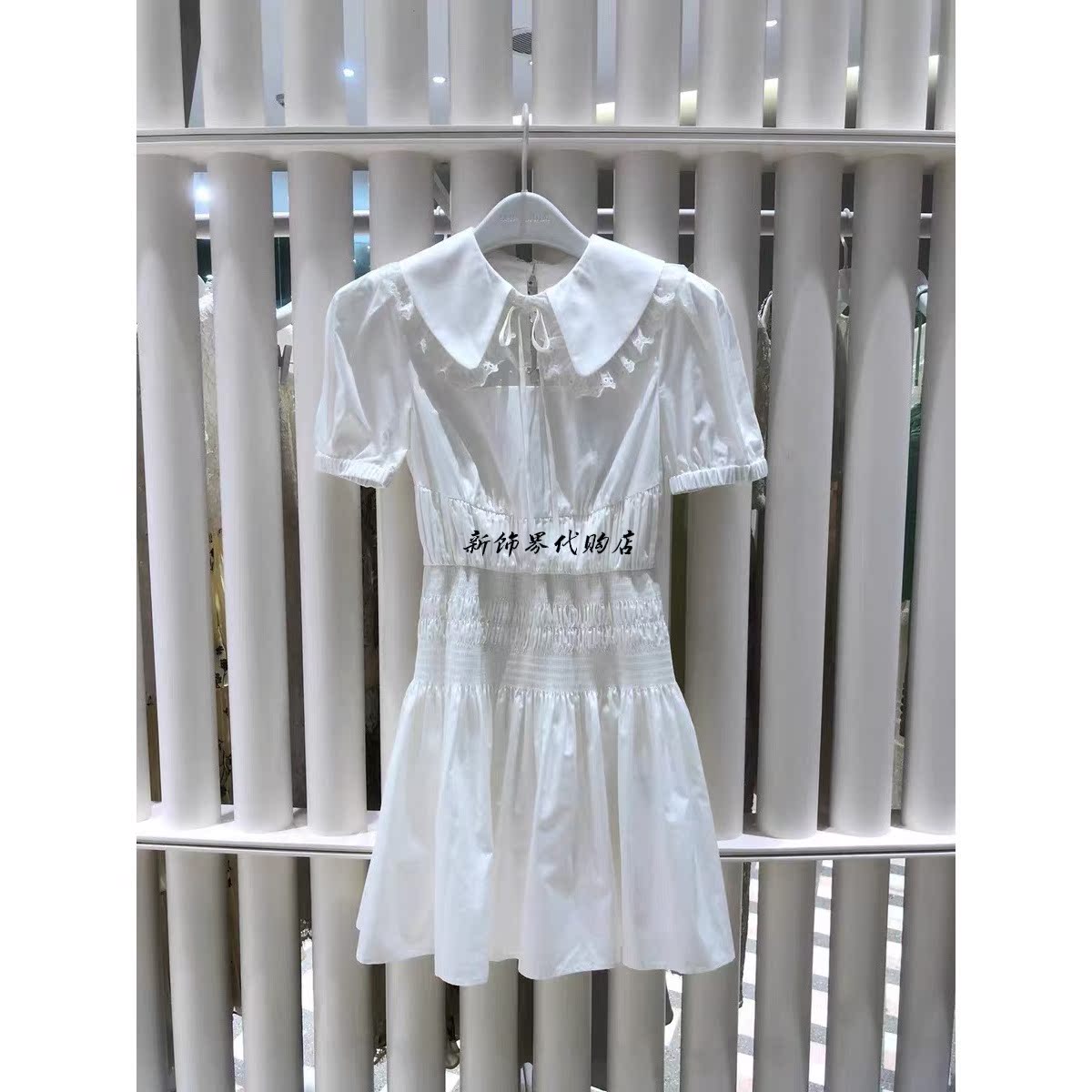 代购Self Portrait泡泡袖蕾丝翻领花边系带纯棉SP连衣裙