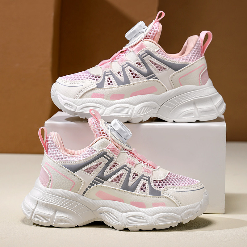 ABCkings女童单网运动鞋夏款透气网面儿童软底纽扣女孩防臭跑步鞋