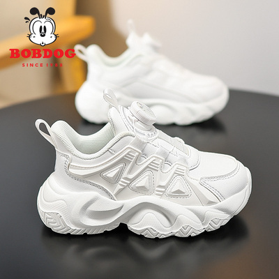 巴布豆男童小白鞋秋冬新款皮面防水儿童运动鞋女童白色软底跑步鞋