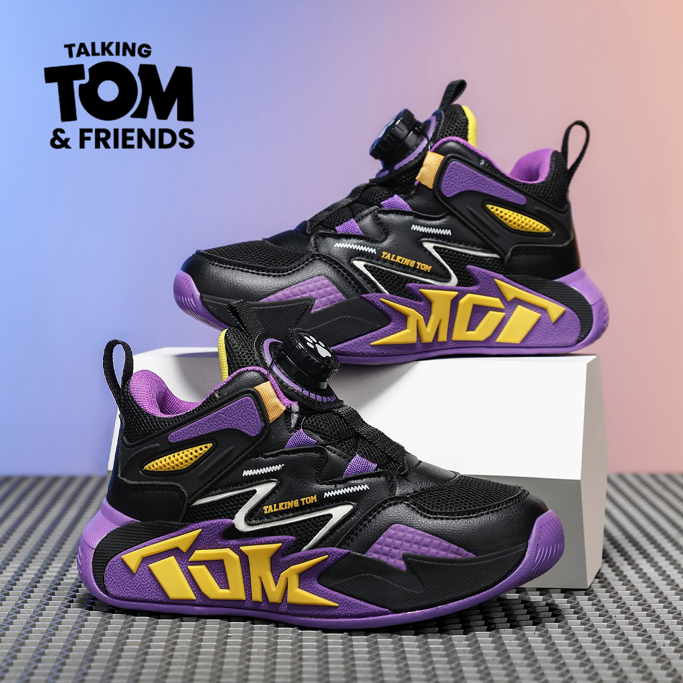 汤姆猫男童鞋子2026新款透气网面篮球鞋旋转扣防滑耐磨儿童运动鞋