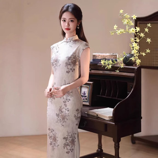 2026春夏新款旗袍天丝麻无袖长款清新素雅印花旗袍新中式国风旗袍