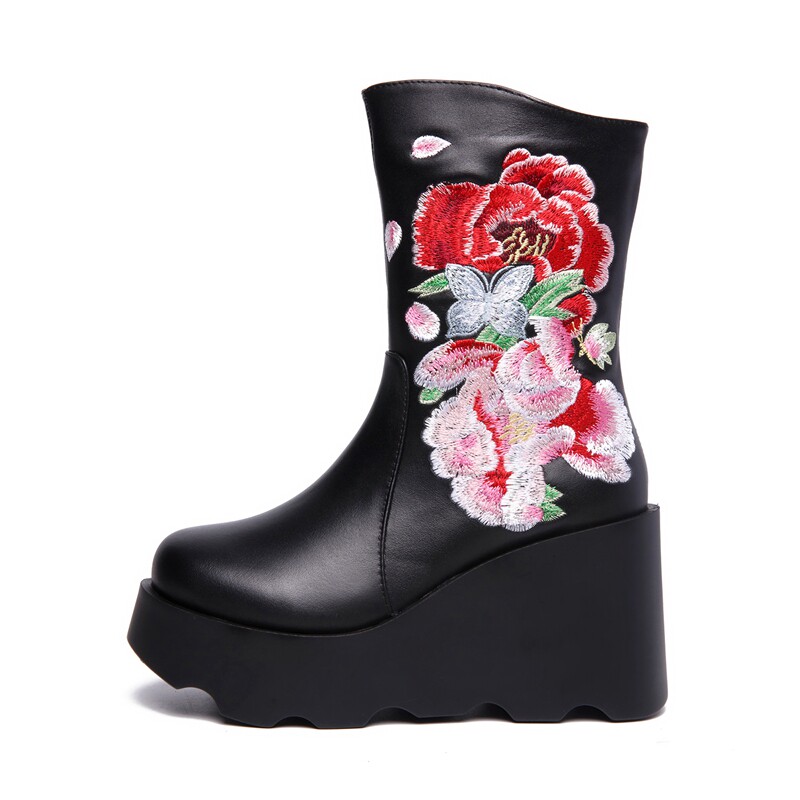 AUTUMN AND WINTER NEW WOMENS BOOTS ETHNIC STYLE FULL LEATHER WOMENS MEDIUM BOOTS WEDGE HEEL PLATFORM HEELS HIGH HEELS SINGLE BOOTS AND FLEECE COTTON BOOTS