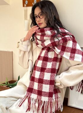 新款圈圈纱仿羊绒格子围巾女秋冬韩系氛围感加厚保暖围脖披肩百搭