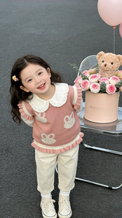 新款女童毛衣马甲儿童纯棉背心红色童装春秋外穿针织卡通可爱小兔