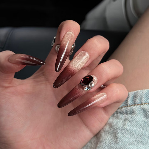 酒红猫眼渐变手工假指甲