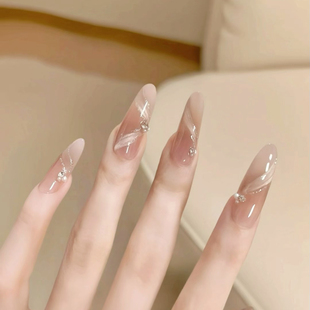 林先生小红书同款 手工穿戴甲冰凝肌肤渐变飘带气质高级成品美甲