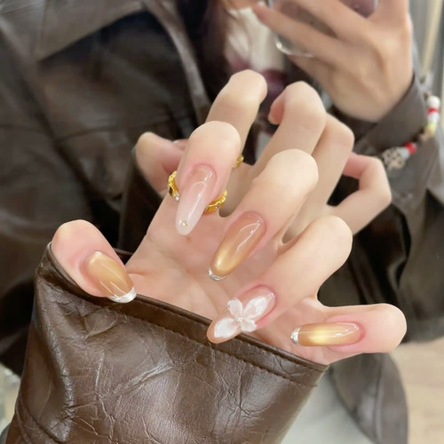 金色猫眼雕花成品假指甲