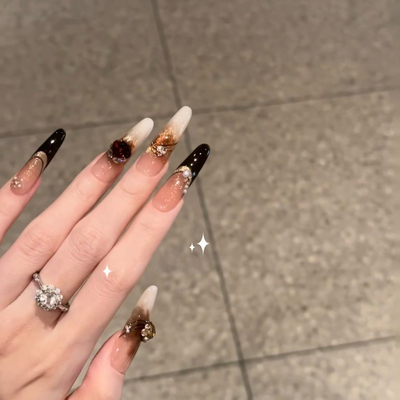 金秋爆闪晕染法式琥珀成品假指甲