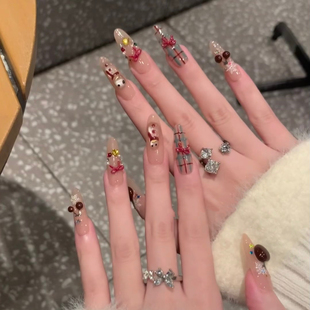 LXS林先生穿戴甲高级感冰凝肌肤雪圣诞成品手工假指甲 车厘子