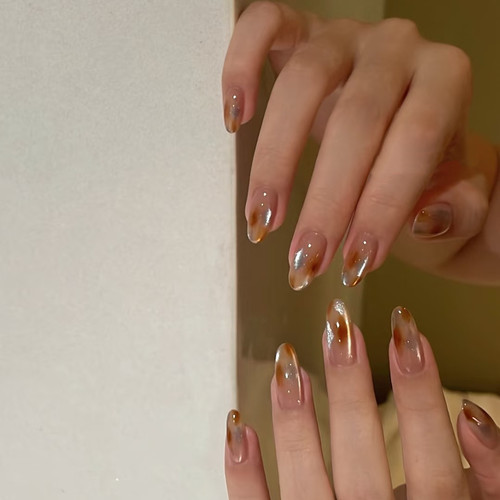 秋冬显白焦糖猫眼琥珀晕染假指甲