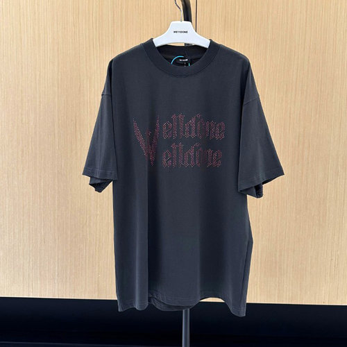 we11李沁明星同款粉墨字母LOGO烫钻水洗复古做旧短袖T恤男女潮牌