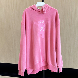 we11doneshark卡通正反拉链粉色小熊印花OS宽松减龄连帽卫衣男女