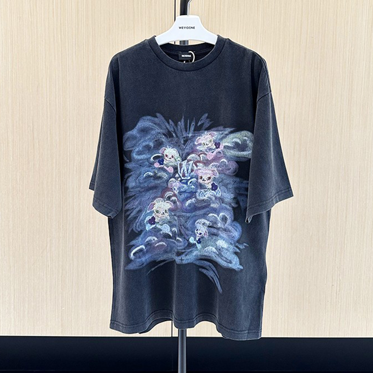 we11手绘涂鸦精灵兔印花复古T恤