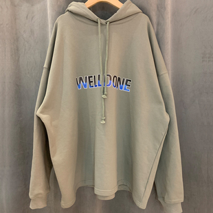 we11doneshark荧光绿baby同款渐变字母印花宽松重磅连帽卫衣男女