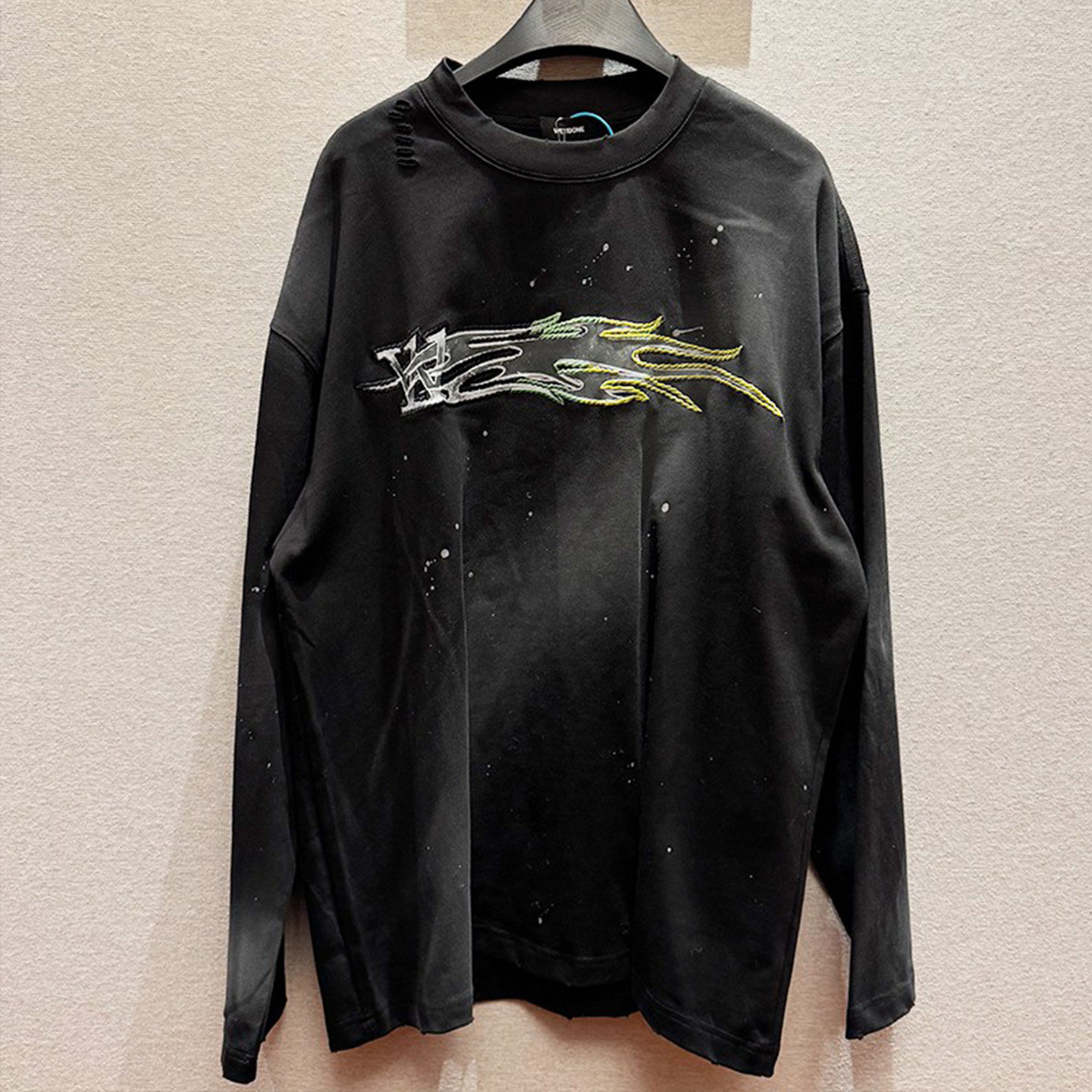 we11流星金属感抽象刺绣破洞做旧泼墨情侣款宽松长袖T恤男女同款