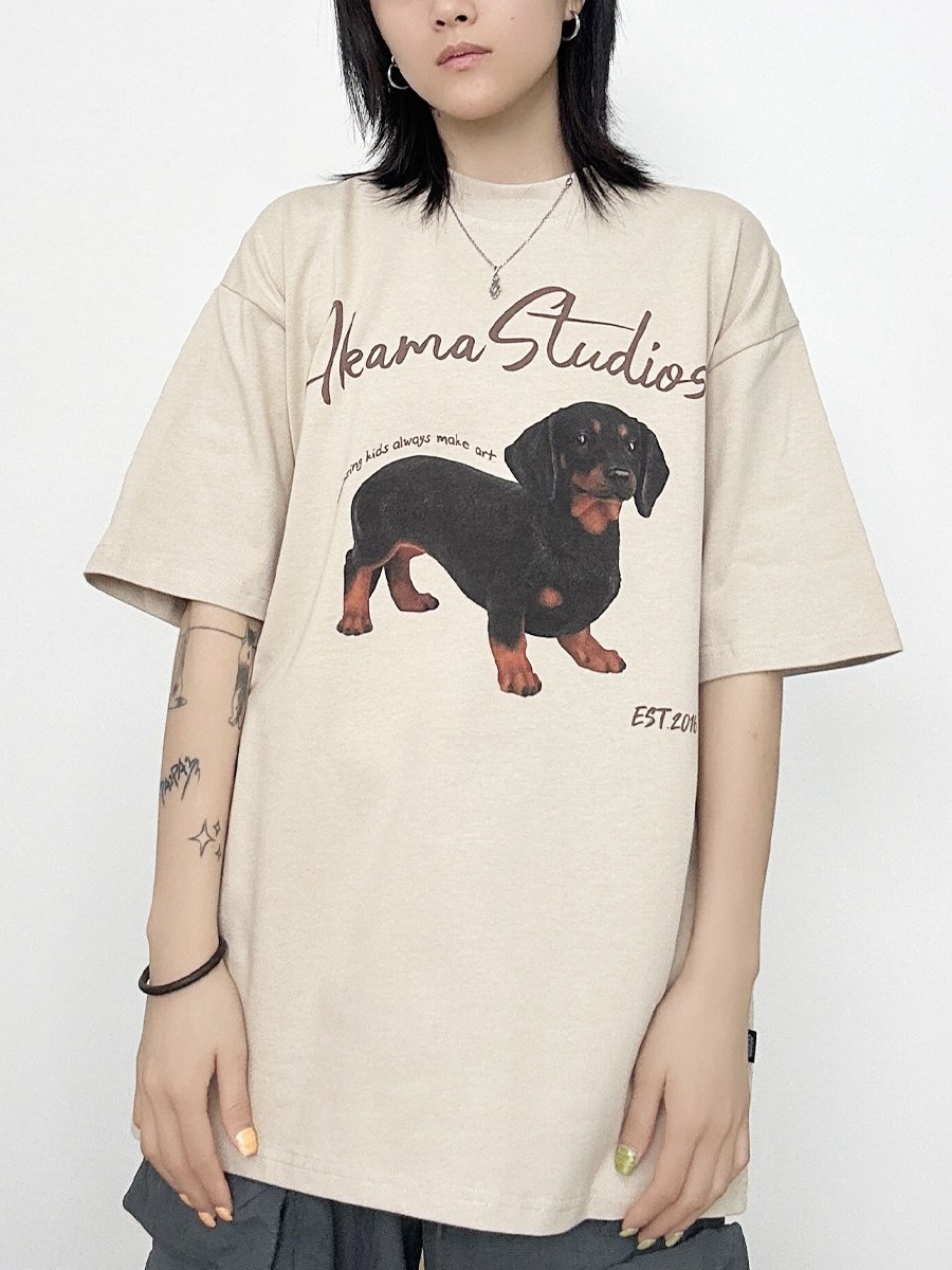 原创重磅320g腊肠狗数码直喷印花美式小领口短袖宽松休闲T恤男女