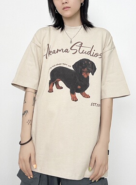 原创重磅320g腊肠狗数码直喷印花美式小领口短袖宽松休闲T恤男女