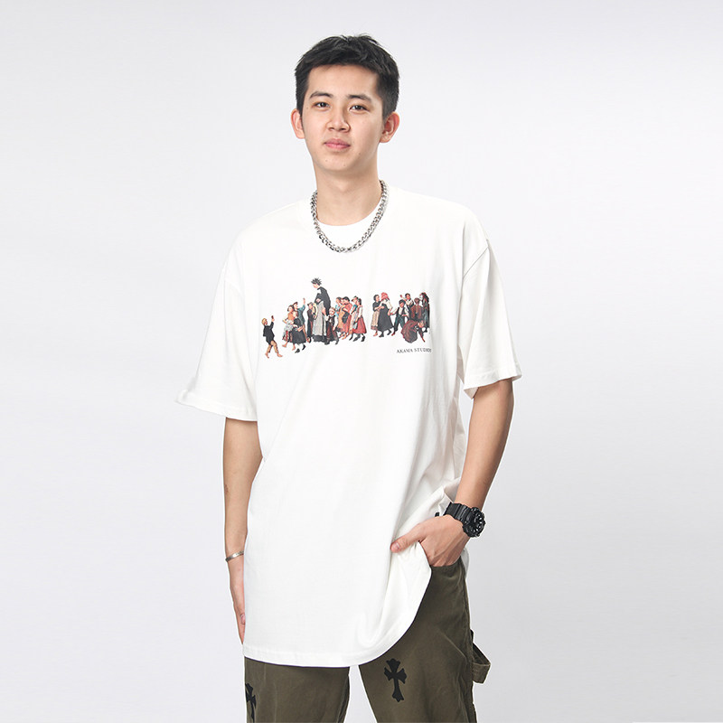 美式油画人物印花宽松短袖t恤