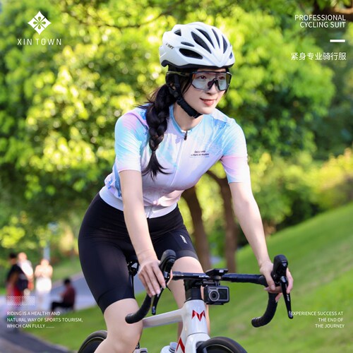 XINTOWN新款夏季骑行服短袖彩语短上衣女款公路车骑行服女短透气