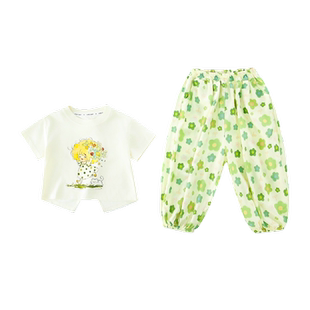 女童套装夏季2026新款洋气中小童女宝短袖T恤九分裤防蚊裤