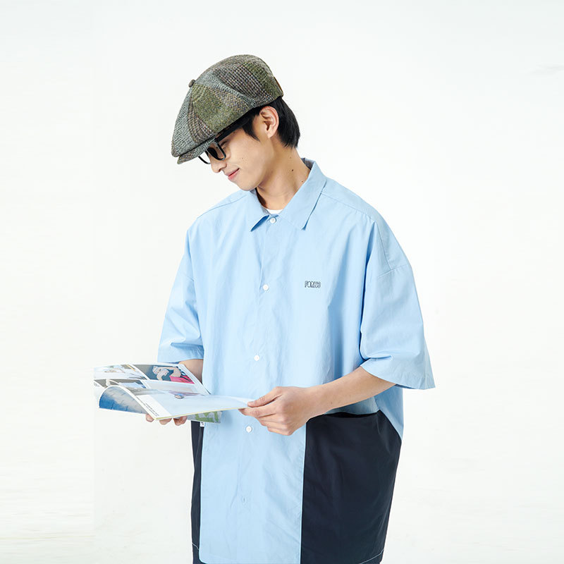 南夏乔装2025夏季男士新款拼色印花绣标翻领衬衫日系休闲宽松衬衣,男装衬衫,电商S006（B521）