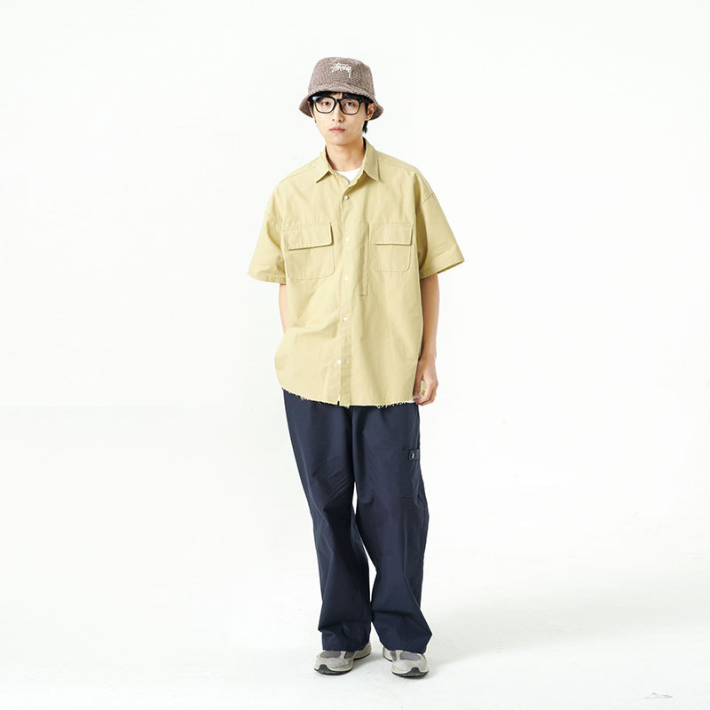 南夏乔装2025夏季新款纯色下摆手工裁切多口袋衬衫日系宽松上衣男,男装衬衫,电商S006（B521）