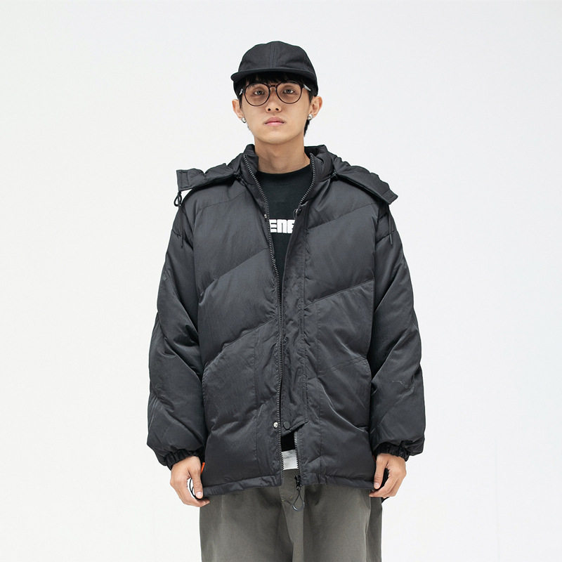 南夏乔装冬款加厚棉服男休闲外套日系潮流简约黑色可脱卸连帽棉衣图片