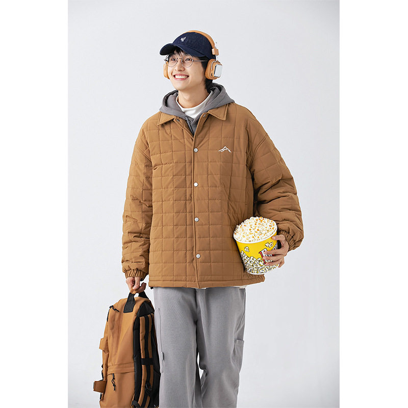 南夏乔装2025冬季纯色辑格翻领棉衣日系复古刺绣LOGO开衫棉外套男,男装棉衣,电商S006（B521）
