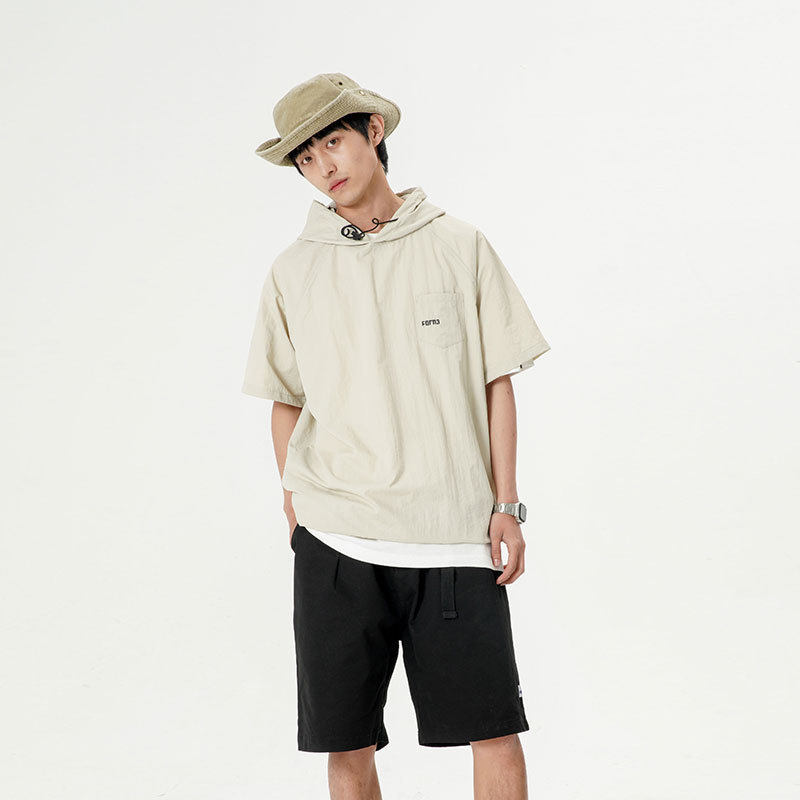 FORN32025夏季新款男士纯色连帽T恤外套日潮休闲cityboy套头短袖,男装T恤,电商S006（B521）
